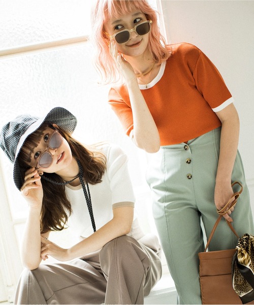 mikke（ミッケ）の「配色半袖ニットプルオーバー（Tシャツ/カットソー・レディース・ネイビー/オフホワイト/オレンジ・FREE）」の22枚目の写真