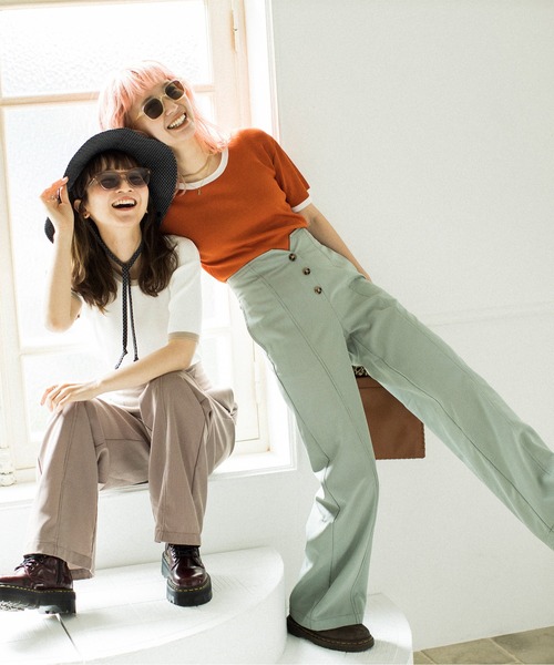 mikke（ミッケ）の「配色半袖ニットプルオーバー（Tシャツ/カットソー・レディース・ネイビー/オフホワイト/オレンジ・FREE）」の9枚目の写真