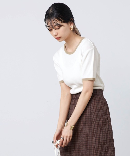 mikke（ミッケ）の「配色半袖ニットプルオーバー（Tシャツ/カットソー・レディース・ネイビー/オフホワイト/オレンジ・FREE）」の19枚目の写真