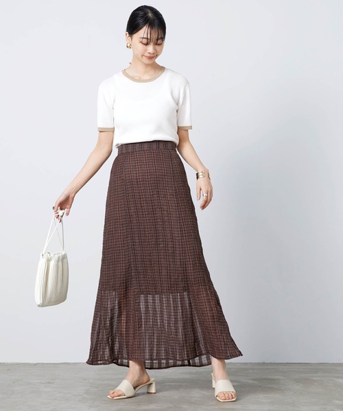 mikke（ミッケ）の「配色半袖ニットプルオーバー（Tシャツ/カットソー・レディース・ネイビー/オフホワイト/オレンジ・FREE）」の6枚目の写真