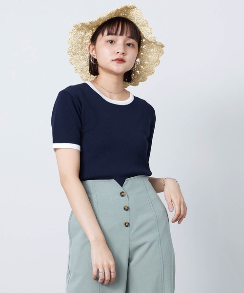 mikke（ミッケ）の「配色半袖ニットプルオーバー（Tシャツ/カットソー・レディース・ネイビー/オフホワイト/オレンジ・FREE）」の21枚目の写真