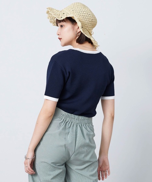 mikke（ミッケ）の「配色半袖ニットプルオーバー（Tシャツ/カットソー・レディース・ネイビー/オフホワイト/オレンジ・FREE）」の8枚目の写真