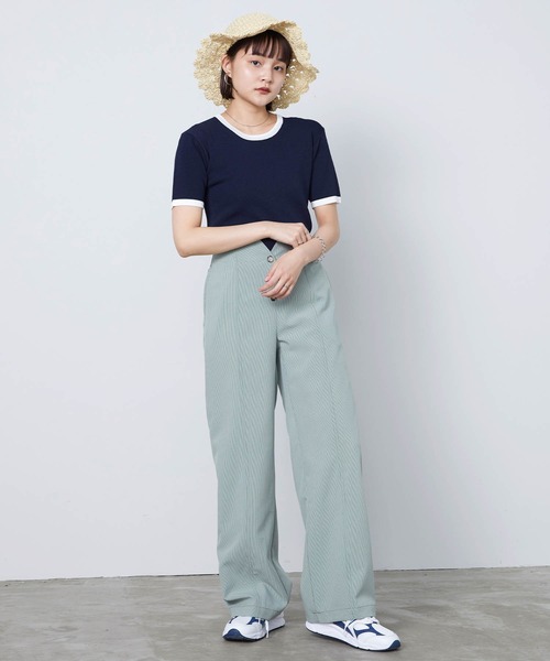 mikke（ミッケ）の「配色半袖ニットプルオーバー（Tシャツ/カットソー・レディース・ネイビー/オフホワイト/オレンジ・FREE）」の15枚目の写真