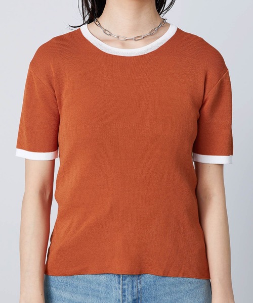 mikke（ミッケ）の「配色半袖ニットプルオーバー（Tシャツ/カットソー・レディース・ネイビー/オフホワイト/オレンジ・FREE）」の10枚目の写真