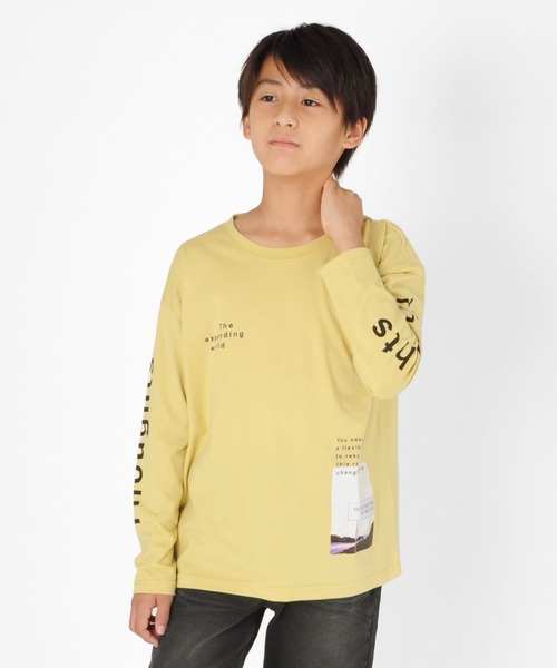 GLAZOS（グラソス）の「天竺・ドロップショルダー袖ロゴフォトプリント長袖Tシャツ（Tシャツ/カットソー・キッズ・ライム/チャコールグレー/ブラウン・140cm/160cm/130cm/150cm/170cm）」の3枚目の写真