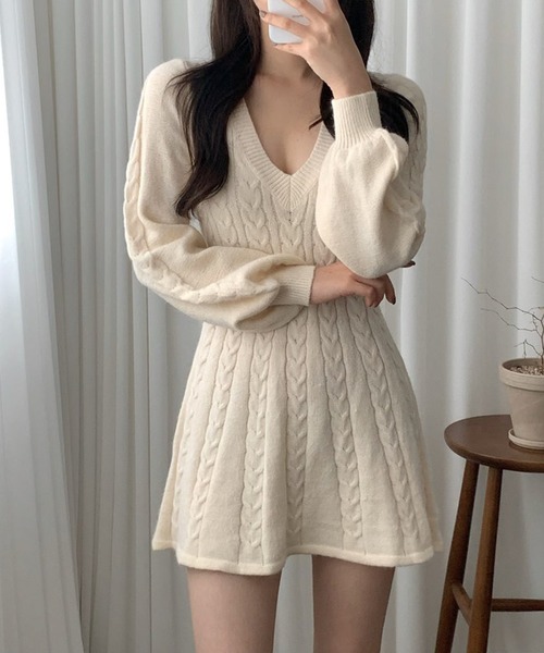 セール】【Jasmine】VネックAラインニットミニワンピース（ワンピース