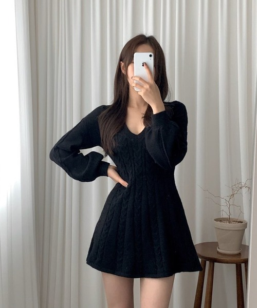 セール】【Jasmine】VネックAラインニットミニワンピース（ワンピース
