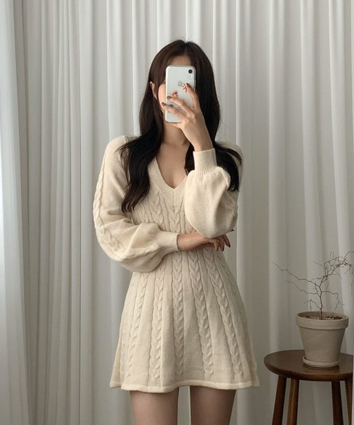 セール】【Jasmine】VネックAラインニットミニワンピース（ワンピース
