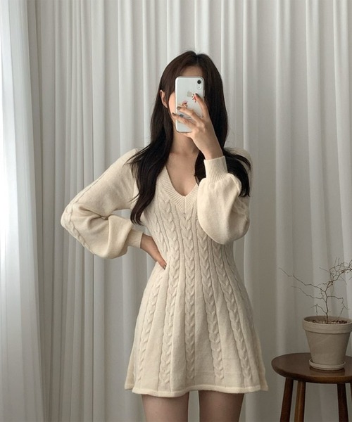 Jasmine】VネックAラインニットミニワンピース（ワンピース）｜Jasmine