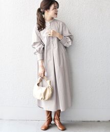 〈手洗い可能〉フロントパールモチーフボタン シャツワンピース(ストライプ)
