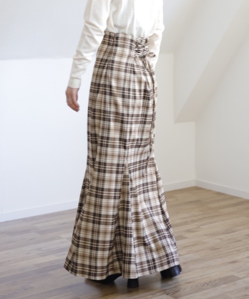 UNFIELD（アンフィールド）の「【UNFIELD チェックバックレースアップスカート】（スカート・レディース・ベージュ/ブラウン・FREE）」の7枚目の写真