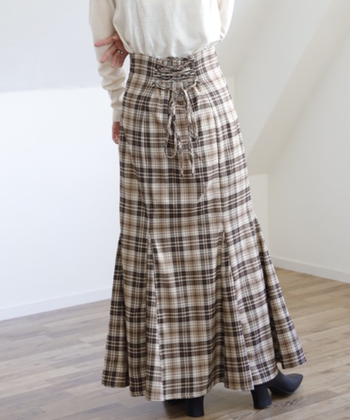 UNFIELD（アンフィールド）の「【UNFIELD チェックバックレースアップスカート】（スカート・レディース・ベージュ/ブラウン・FREE）」の9枚目の写真