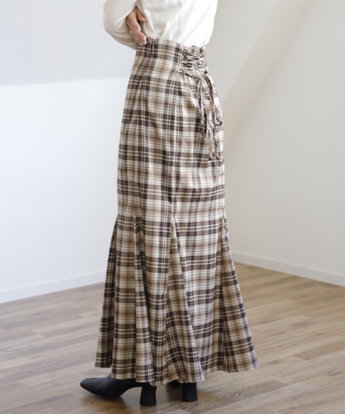 UNFIELD（アンフィールド）の「【UNFIELD チェックバックレースアップスカート】（スカート・レディース・ベージュ/ブラウン・FREE）」の10枚目の写真