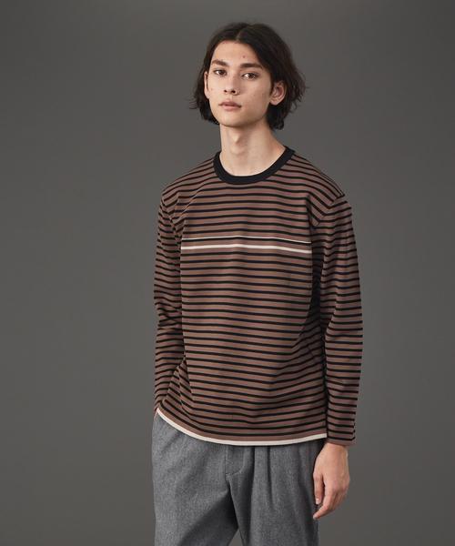 ABAHOUSE(アバハウス)の「ポリエステル 天竺 ボーダー プルオーバー ニット(ニット/セーター・メンズ・ダークブラウン/セージグリーン/グレイッシュベージュ/グレイッシュブルー・46/48)」の2枚目の写真