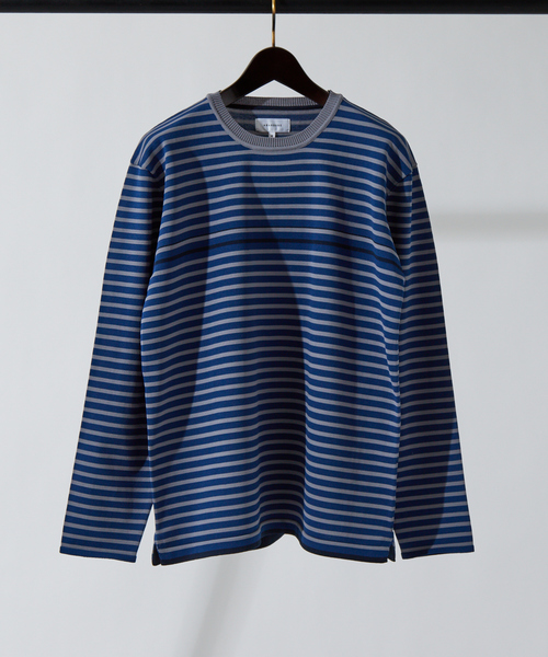 ABAHOUSE(アバハウス)の「ポリエステル 天竺 ボーダー プルオーバー ニット(ニット/セーター・メンズ・ダークブラウン/セージグリーン/グレイッシュベージュ/グレイッシュブルー・46/48)」の1枚目の写真