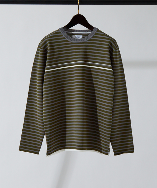 ABAHOUSE(アバハウス)の「ポリエステル 天竺 ボーダー プルオーバー ニット(ニット/セーター・メンズ・ダークブラウン/セージグリーン/グレイッシュベージュ/グレイッシュブルー・46/48)」の4枚目の写真