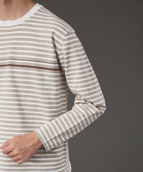 ABAHOUSE(アバハウス)の「ポリエステル 天竺 ボーダー プルオーバー ニット(ニット/セーター・メンズ・ダークブラウン/セージグリーン/グレイッシュベージュ/グレイッシュブルー・46/48)」の10枚目の写真