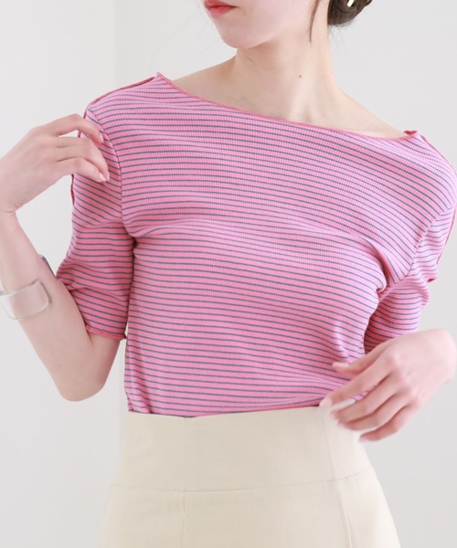 archives(アルシーヴ)の「2wayボーダーメローTee(Tシャツ/カットソー・レディース・ブラウン/オフホワイト/ピンク/イエロー/オレンジ・MEDIUM)」の4枚目の写真
