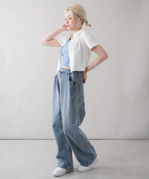 SPINNS（スピンズ）の「ウエストフック付き デニムワイドパンツ（デニムパンツ・レディース・ブラック/サックスブルー・ONESIZE）」の4枚目の写真