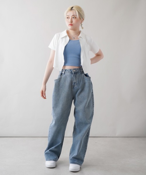 SPINNS（スピンズ）の「ウエストフック付き デニムワイドパンツ（デニムパンツ・レディース・ブラック/サックスブルー・ONESIZE）」の5枚目の写真