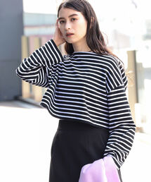 Ray BEAMS | Ray BEAMS / ボーダー クロップド ボートネック Tシャツ(Tシャツ/カットソー)