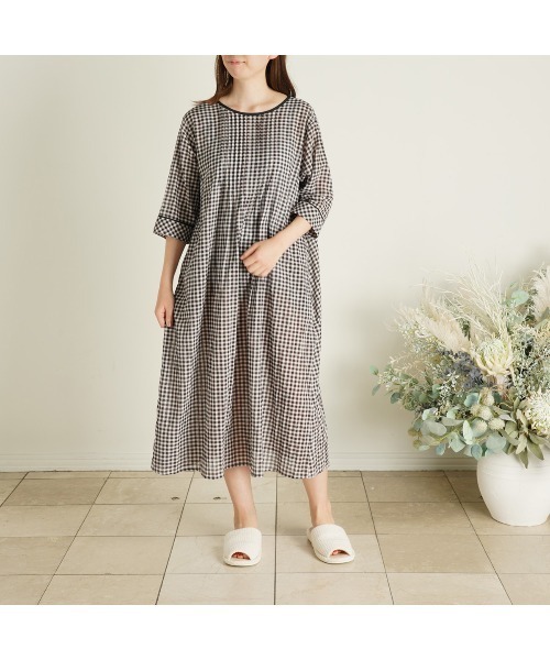 KID BLUE(キッドブルー)の「キッドブルー -22シャーリングギンガム -7分袖ナイティ -KNTL507 -kidblue(ルームウェア/パジャマ・レディース・ブラック/ブルー・M)」の2枚目の写真