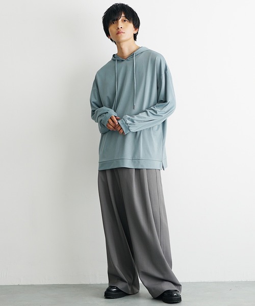 MinoriTY(マイノリティ)の「【MinoriTY】とろみ素材ビッグシルエット長袖パーカー プルオーバー スウェット トレーナー メンズ 無地 秋服 夏服(パーカー・メンズ・ライトグレー/ブラック/ブルーグレー/モカ/バイオレット・L/M/S)」の8枚目の写真