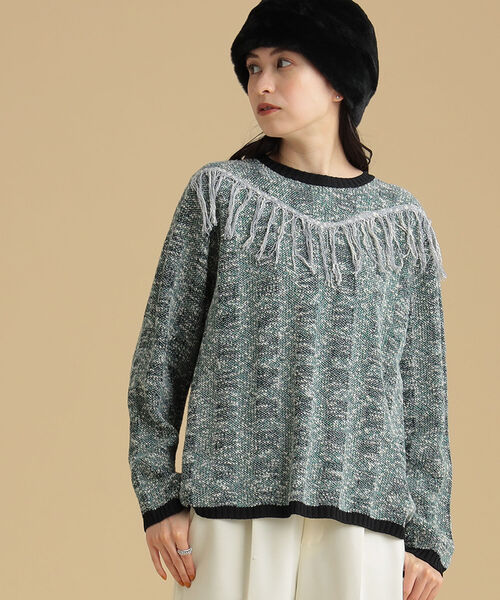 Ray BEAMS（レイビームス）の「Ray BEAMS / フリンジ ヨーク メランジ プルオーバー（ニット/セーター・レディース・ベージュ/グリーン・ONE SIZE）」の5枚目の写真