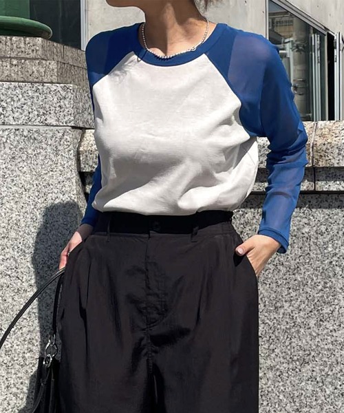 audrey and john wad(オードリーアンドジョンワッド)の「チュールスリーブ配色クルーネックカットソー -手洗い可-(Tシャツ/カットソー・レディース・ブルー/アイボリー/ラベンダー/オレンジ・FREE)」の3枚目の写真