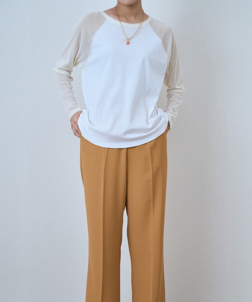 audrey and john wad(オードリーアンドジョンワッド)の「チュールスリーブ配色クルーネックカットソー -手洗い可-(Tシャツ/カットソー・レディース・ブルー/アイボリー/ラベンダー/オレンジ・FREE)」の5枚目の写真