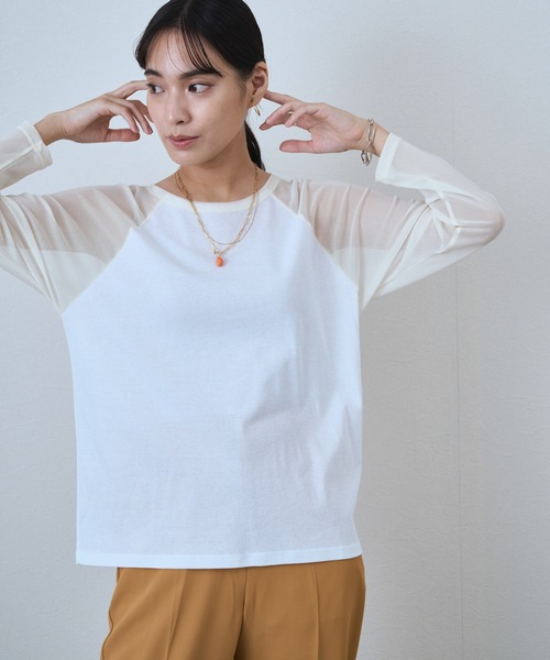 audrey and john wad(オードリーアンドジョンワッド)の「チュールスリーブ配色クルーネックカットソー -手洗い可-(Tシャツ/カットソー・レディース・ブルー/アイボリー/ラベンダー/オレンジ・FREE)」の7枚目の写真