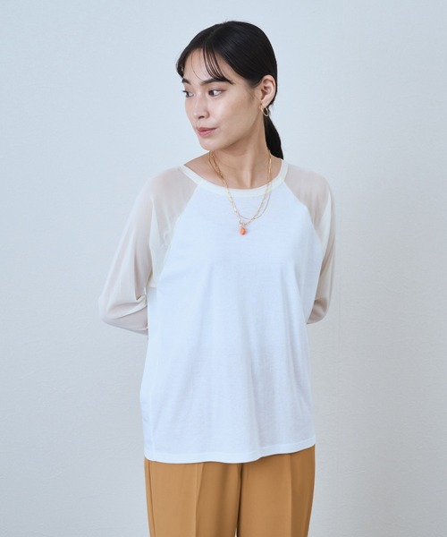 audrey and john wad(オードリーアンドジョンワッド)の「チュールスリーブ配色クルーネックカットソー -手洗い可-(Tシャツ/カットソー・レディース・ブルー/アイボリー/ラベンダー/オレンジ・FREE)」の8枚目の写真