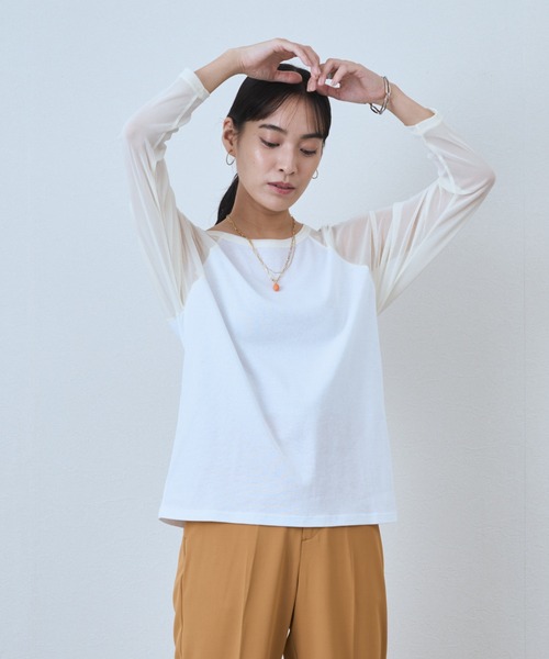 audrey and john wad(オードリーアンドジョンワッド)の「チュールスリーブ配色クルーネックカットソー -手洗い可-(Tシャツ/カットソー・レディース・ブルー/アイボリー/ラベンダー/オレンジ・FREE)」の9枚目の写真