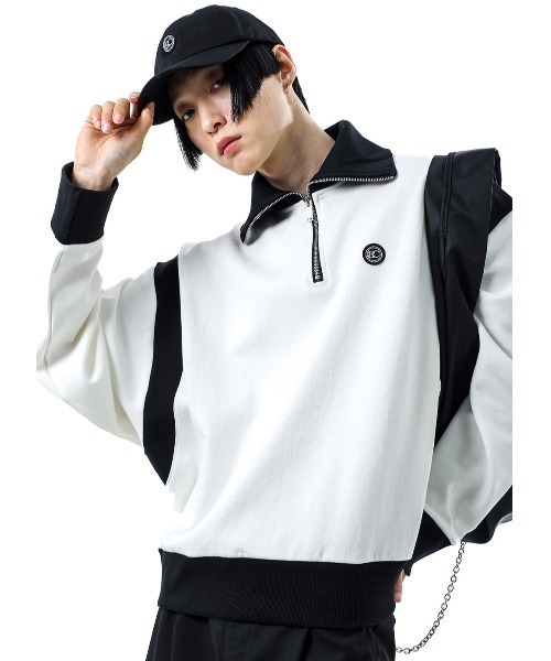 BASIC COTTON(ベーシックコットン)の「A'GEM/9 × .kom『BASIC COTTON/ベーシックコットン』 MIX ZIP-UP MTM/ハーフジップアップ 長袖 スウェットシャツ プルオーバー(スウェット・レディース・ブラック/ホワイト・FREE)」の2枚目の写真