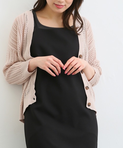 Honeys（ハニーズ）の「７分袖透かし編Ｖカーディガン（カーディガン/ボレロ・レディース・ライム/レッド/ベージュ/ブラック/アイボリー/ターコイズブルー・LL/L/M/S）」の3枚目の写真