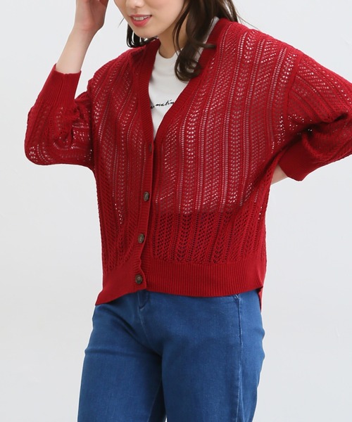 Honeys（ハニーズ）の「７分袖透かし編Ｖカーディガン（カーディガン/ボレロ・レディース・ライム/レッド/ベージュ/ブラック/アイボリー/ターコイズブルー・LL/L/M/S）」の6枚目の写真