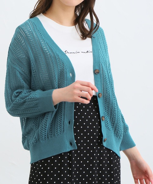 Honeys（ハニーズ）の「７分袖透かし編Ｖカーディガン（カーディガン/ボレロ・レディース・ライム/レッド/ベージュ/ブラック/アイボリー/ターコイズブルー・LL/L/M/S）」の5枚目の写真