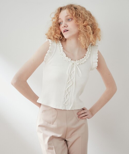 DEICY（デイシー）の「リブフリルレースアップカットソー（Tシャツ/カットソー・レディース・オフホワイト/ピンク・FREE）」の3枚目の写真