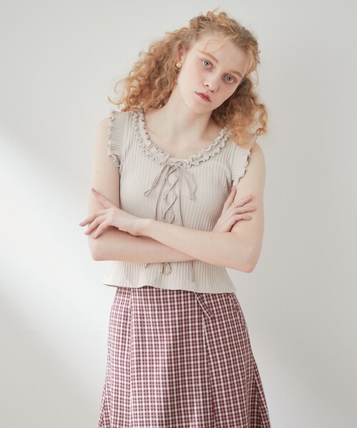 DEICY（デイシー）の「リブフリルレースアップカットソー（Tシャツ/カットソー・レディース・オフホワイト/ピンク・FREE）」の6枚目の写真