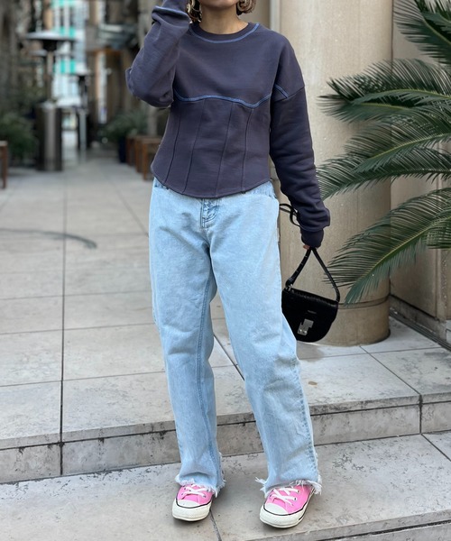 mi via loca（ミヴィアロカ）の「配色コルセットデザイントップス（スウェット・レディース・オフホワイト/スミクロ/ラベンダー・FREE）」の7枚目の写真