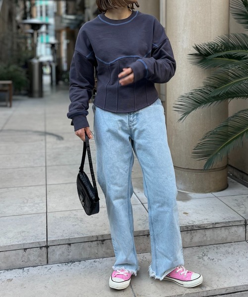 mi via loca（ミヴィアロカ）の「配色コルセットデザイントップス（スウェット・レディース・オフホワイト/スミクロ/ラベンダー・FREE）」の19枚目の写真