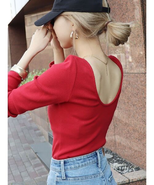 EVRIS（エヴリス）の「バックオープンリブトップス（Tシャツ/カットソー・レディース・ホワイト/グレー/ブラック/レッド・FREE）」の4枚目の写真