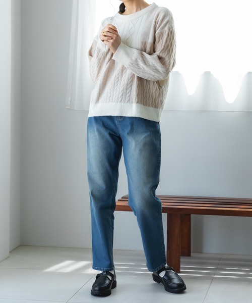 pairmanon（ペアマノン）の「【ママサイズ】配色 パッチワーク ニット プルオーバー（ニット/セーター・レディース・モカ/アイボリー/ネイビー・FREE）」の5枚目の写真