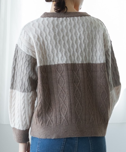 pairmanon（ペアマノン）の「【ママサイズ】配色 パッチワーク ニット プルオーバー（ニット/セーター・レディース・モカ/アイボリー/ネイビー・FREE）」の6枚目の写真