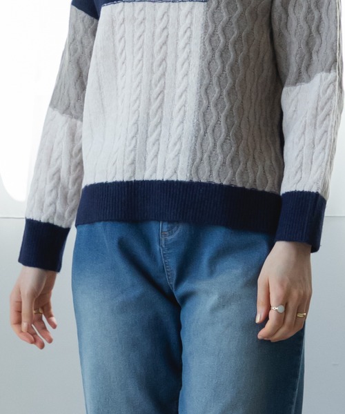 pairmanon（ペアマノン）の「【ママサイズ】配色 パッチワーク ニット プルオーバー（ニット/セーター・レディース・モカ/アイボリー/ネイビー・FREE）」の8枚目の写真