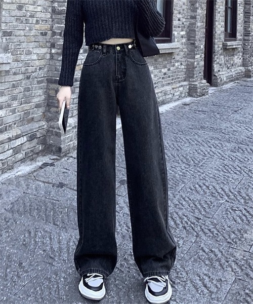 FREE STYLISTS(フリー スタイリスト)の「ウエストボタンワイドデニムパンツ(デニムパンツ・レディース・ブラック/ブルー・XL/L/S/M/XXL)」の1枚目の写真