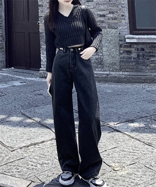 FREE STYLISTS(フリー スタイリスト)の「ウエストボタンワイドデニムパンツ(デニムパンツ・レディース・ブラック/ブルー・XL/L/S/M/XXL)」の5枚目の写真