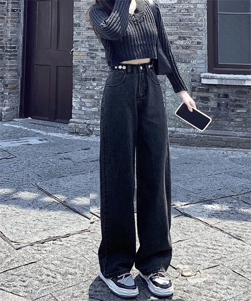 FREE STYLISTS(フリー スタイリスト)の「ウエストボタンワイドデニムパンツ(デニムパンツ・レディース・ブラック/ブルー・XL/L/S/M/XXL)」の8枚目の写真