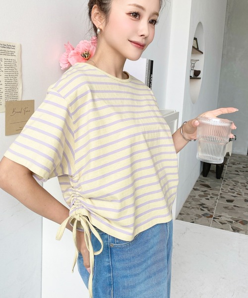 tシャツ サイドドロストボーダーTシャツ レディース セール】綿100％天竺.サイドドロスト半袖マルチボーダーショート