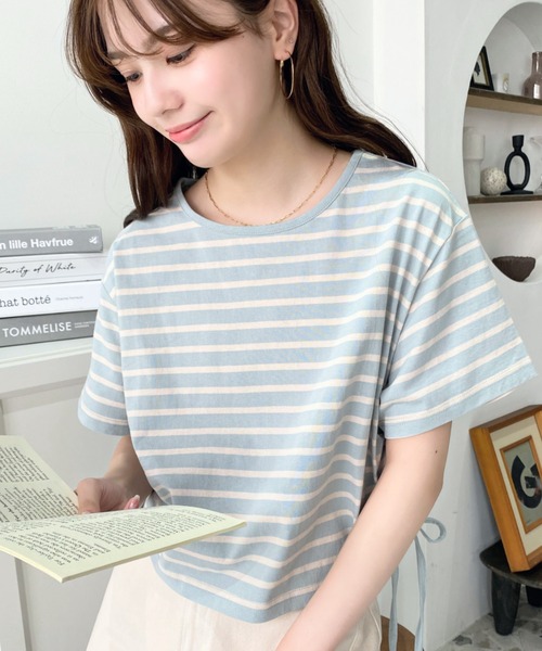 tシャツ サイドドロストボーダーTシャツ レディース セール】綿100％天竺.サイドドロスト半袖マルチボーダーショート